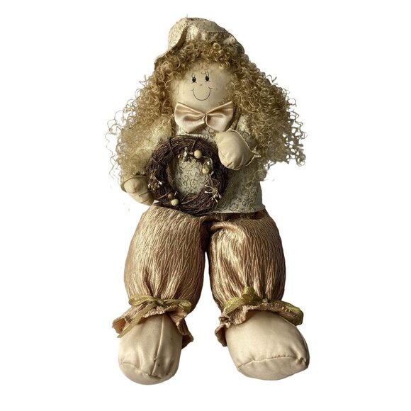Christmas Shelf Sitter Plush Doll With Curly Hair Bow & Wreath Gold 18" - Picture 2 of 12